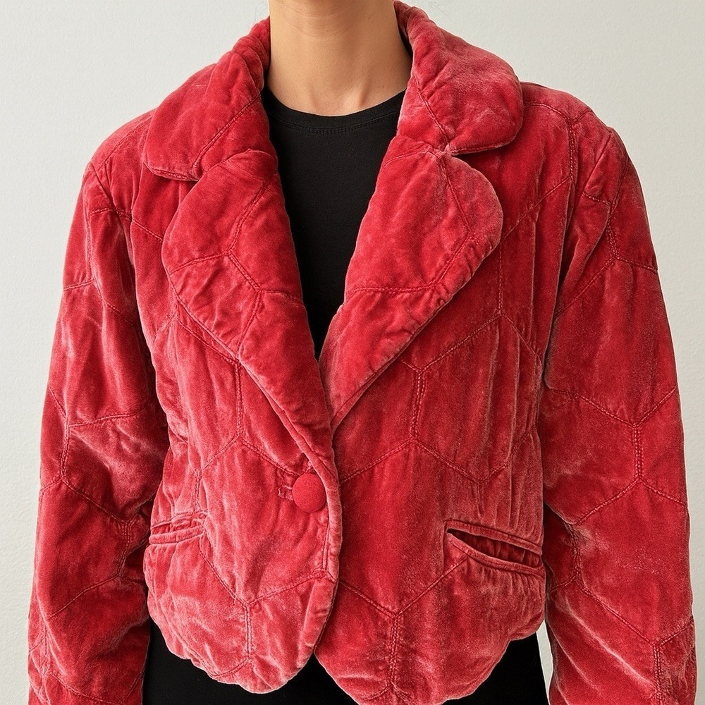 Anthropologie‎ Quilted Velvet Puffer Rose SMALL Women's Jacket Cropped Button